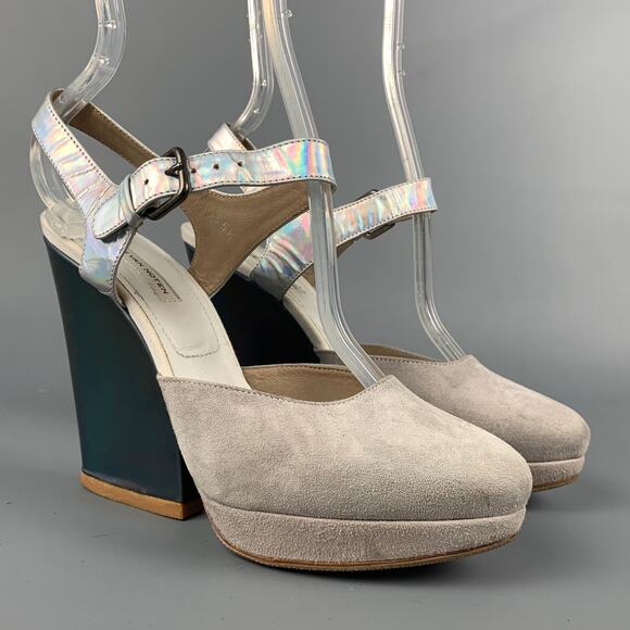 DRIES VAN NOTEN Size 5.5 Iridescent Grey Suede Platform Pumps - Picture 2 of 8